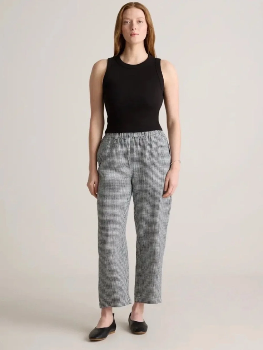 Quince 100% European Linen Pants Classic Mini Gingham Black White Pull-On Sz L